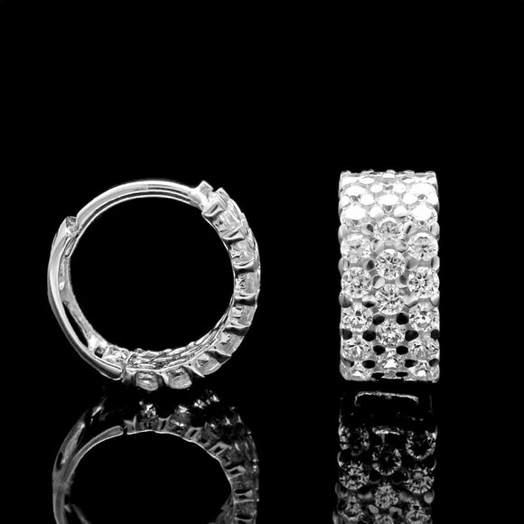 Real 14k Solid White Gold Huggie Earrings 3-Row Cluster Pave Small- 6x11mm